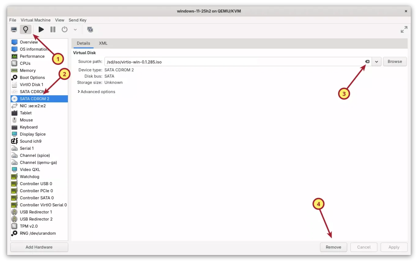 Install Windows 11 on KVM - Remove 2nd CDROM