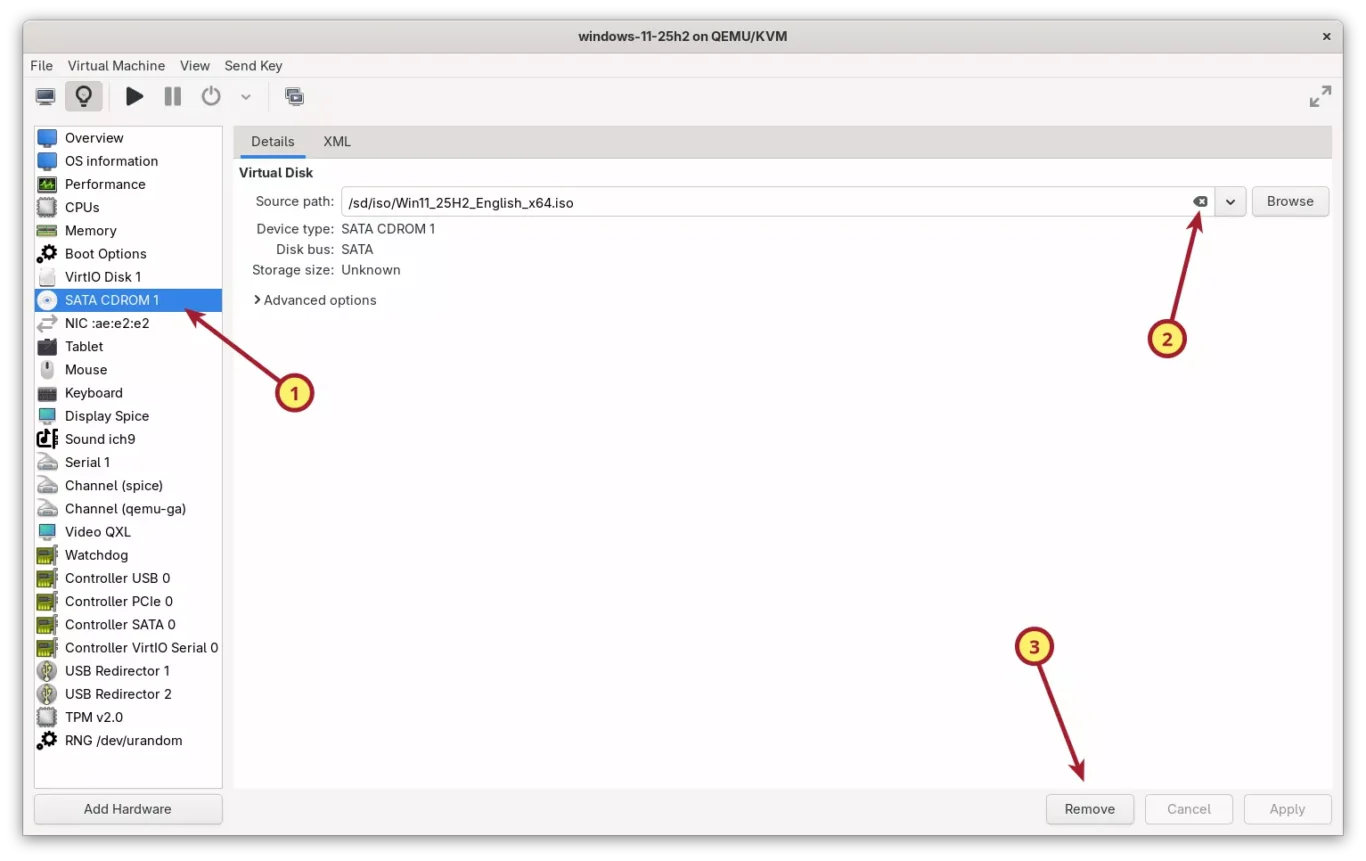 Install Windows 11 on KVM - Remove Win ISO