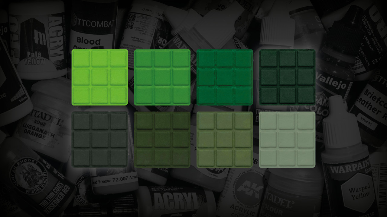 8 green paint sample squares from light to dark on a dark background, Stahly's best paint picks for Salamanders green