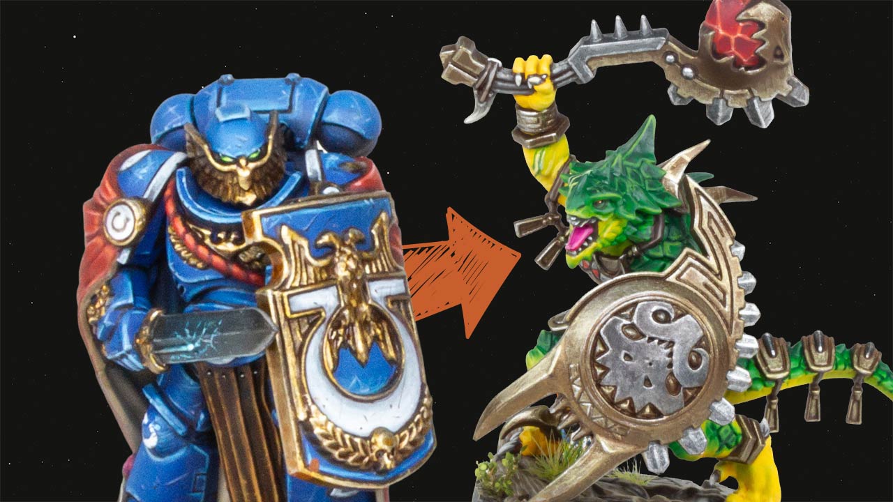 A painted Ultramarine Victrix Guard model with an orange arrow pointing towards a Seraphon Oldblood model, dark background
