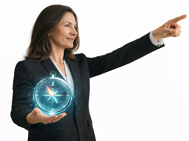 strategy-compass-cropped v2.png Woman pointing ahead while holding a digital compass.
