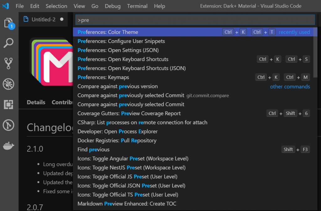VSCode Command Pallete Color Theme Settings