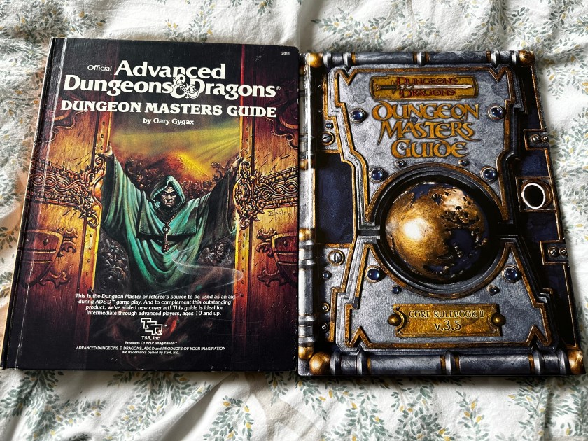 The covers of the AD&D 1st Edition Dungoen Master's Guide and the D&D 3.5 E DMG.