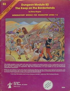 The cover of B2, The Keep on the Borderlands. A purple cover with the name of the module and a colour illustraiton in the middle: a piched battle on the road between adventurers and monsters.