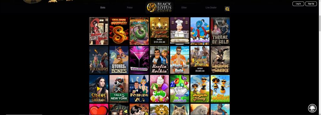 Black Lotus Casino screenshot showing the most popular casino games