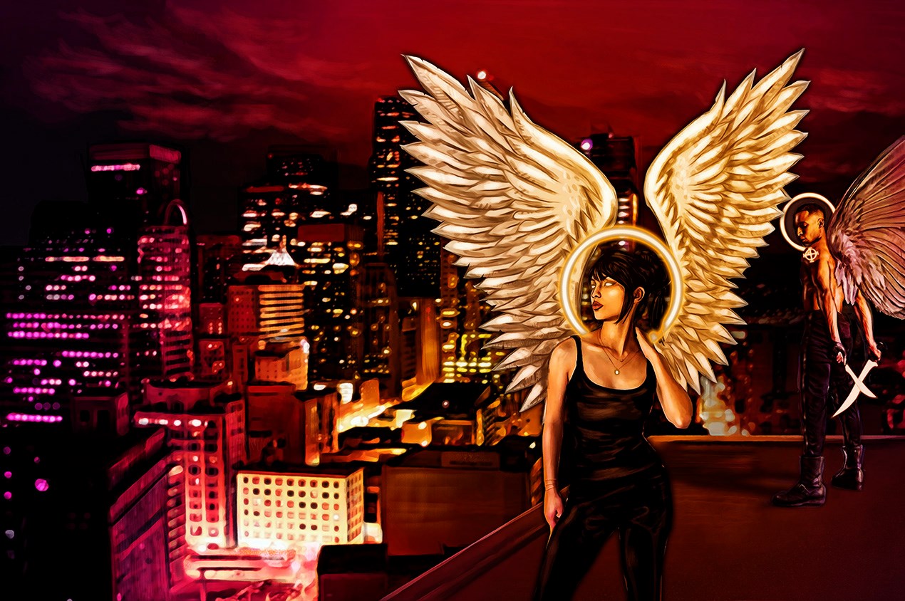 Relics key art; on a bare rooftop stands a broadly femme angel in street clothes, golden halo and wings spread, looking out over a red-hued landscape of rooftops and skyscrapers. Behind them another angel stands, two short blades held crossed behind them.