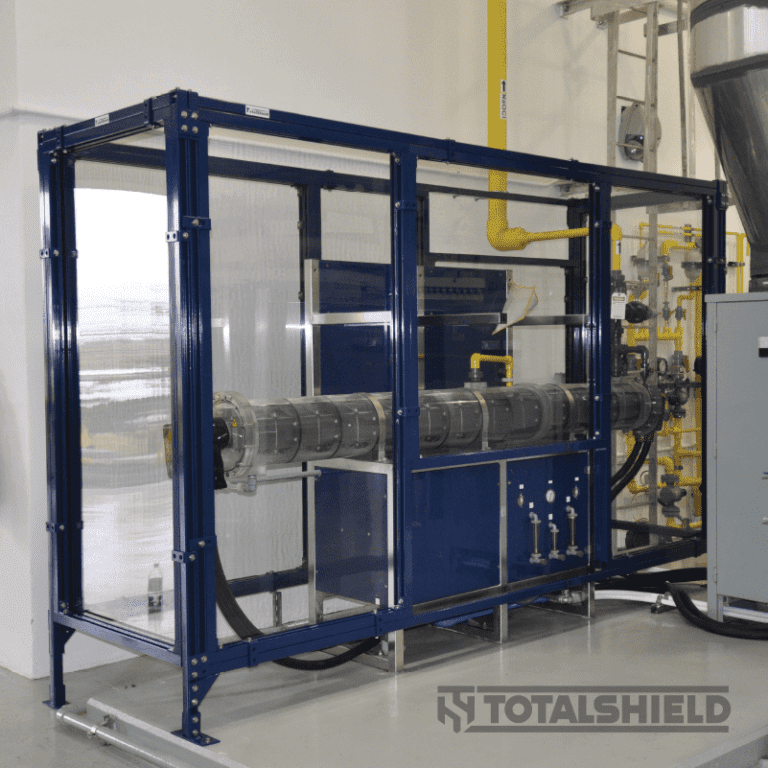 A TotalShield’s customized machine safety shield, manufactured for a sodium hypochlorite generator. A TotalShield’s customized machine safety shield, manufactured for a sodium hypochlorite generator.