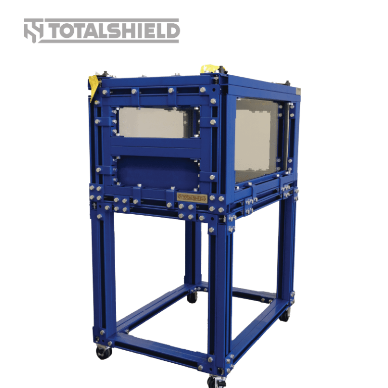 burst-impact-restitant-enclosure Shield enclosure with mobile cart included.