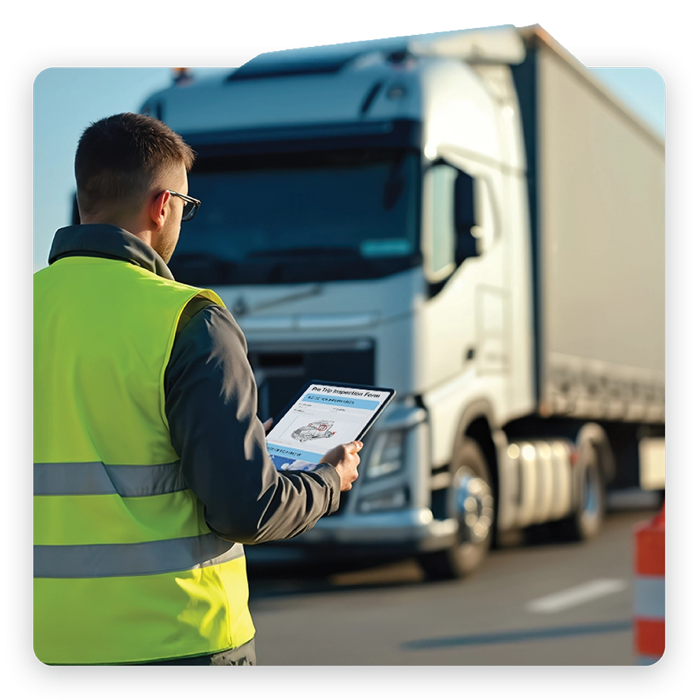 Environment Health & Safety Management Software Safety team reviewing inspection details on a tablet at an active job site