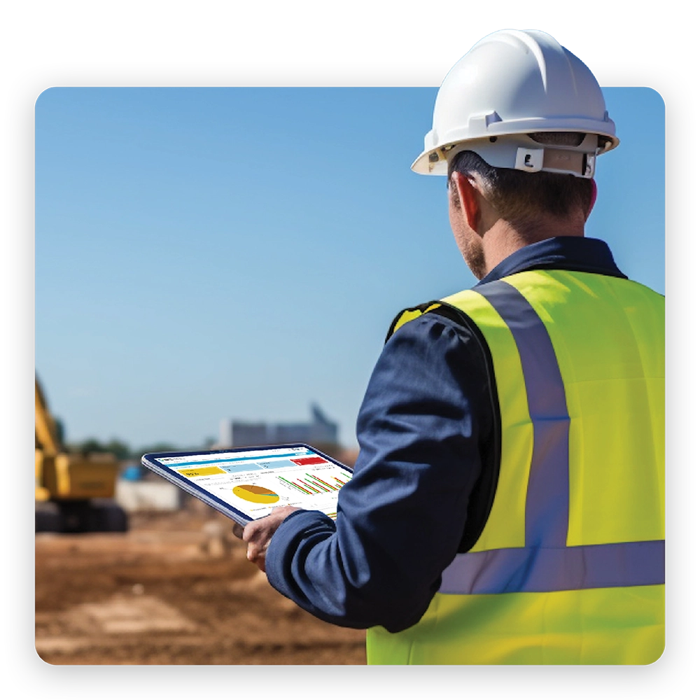 Environment Health & Safety Management Software Supervisor viewing a safety dashboard on a tablet at a construction site