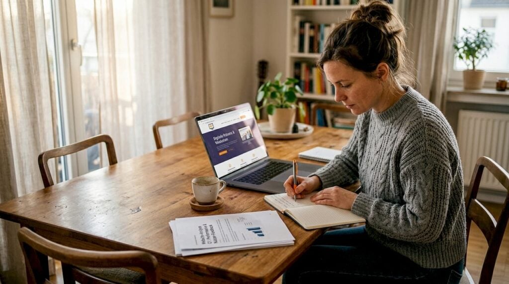Ein Webdesigner sitzt am Esstisch und prüft aufmerksam eine Website.