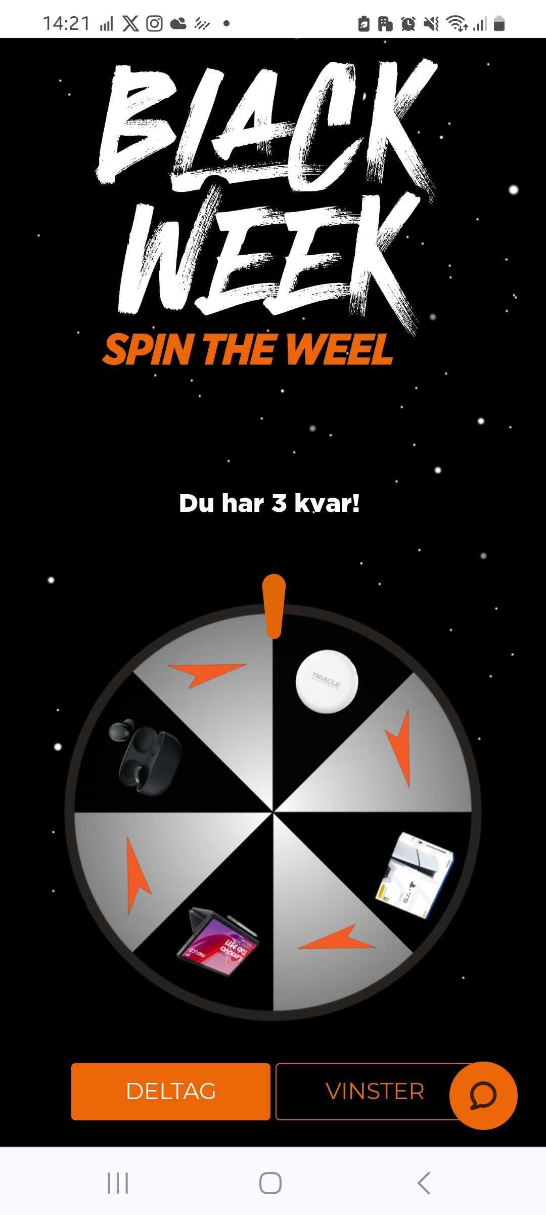 A screenshot of a Black Week 2024 promotional 'Spin the wheel' game from Power, a Swedish retailer. The background is black with white specks resembling stars. At the top, bold white text reads 'BLACK WEEK,' followed by orange text stating 'SPIN THE WEEL,' which contains a misspelling of 'wheel.'Below the heading, white text reads 'Du har 3 kvar!' indicating the user has three spins left. The spin wheel is divided into alternating black and silver sections, each featuring an image of a possible prize. Prizes include wireless earbuds, a white circular device labeled 'Trimclie,' a graphics card, and a pack of printer paper. Orange arrows on some sections point in different directions.At the bottom, two orange-bordered buttons labeled 'DELTAG' (Participate) and 'VINSTER' (Winnings) are displayed, along with an orange chat icon.