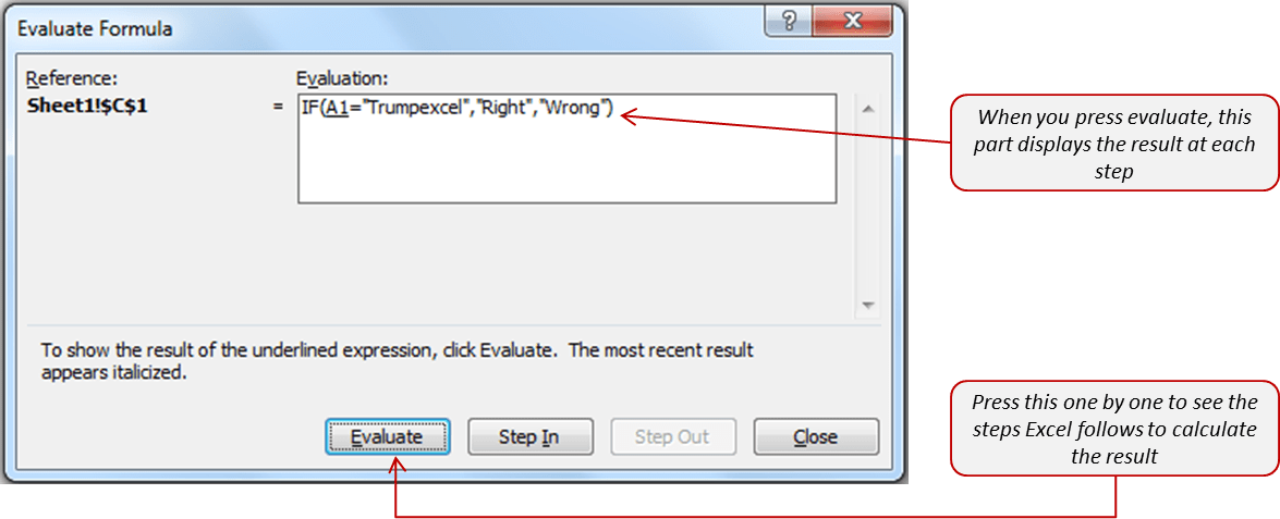Excel Formula Debugging - Evaluate dialogue box