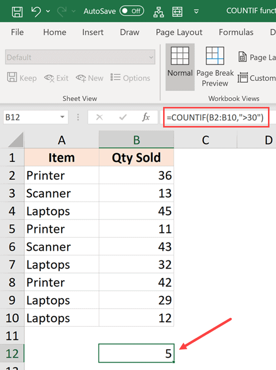 COUNTIF formula to count cells with value greater than 30
