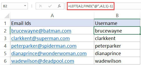 Extracting the usernames using FIND and LEFT functions