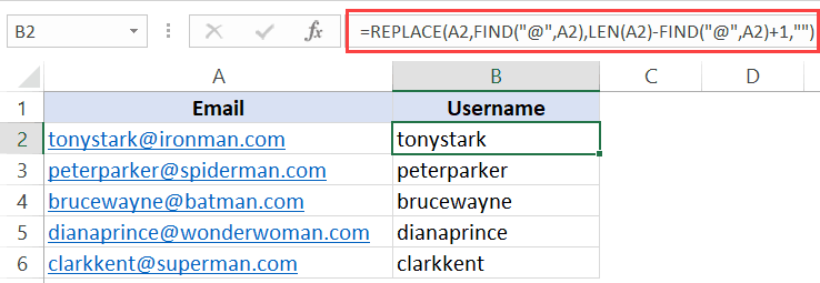 Formula to get the username from an email