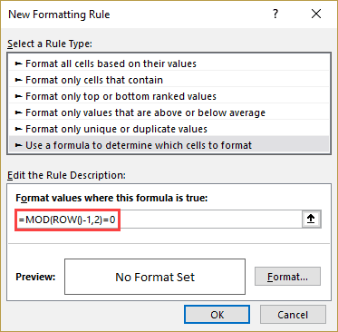 Mod function in Conditional Formatting dialog box