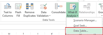 Data Table in Excel - Selecting from Ribbon
