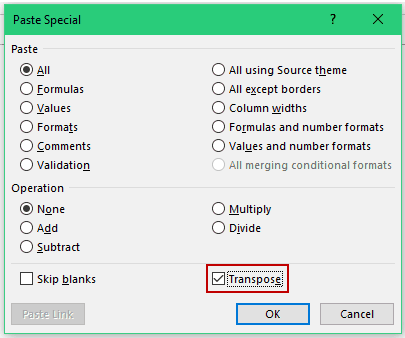 Check the Transpose option in Paste Special dialog box