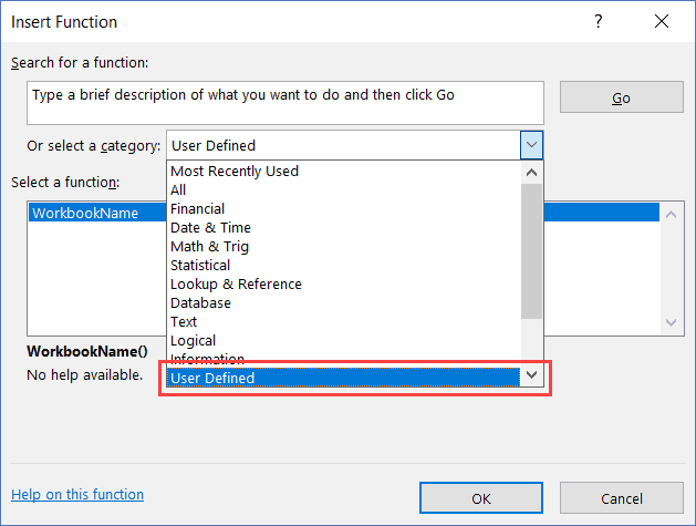 Insert User Defined Function in Worksheet - dilaog box
