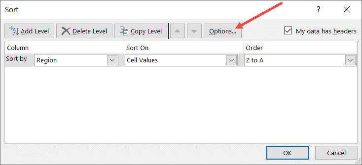 Click the Option button in the Sort dialog box