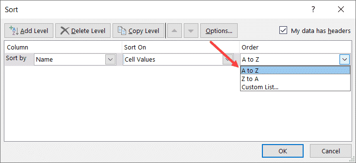 Select A to Z in Sort Order dialog box