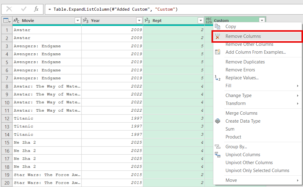 Click on remove columns