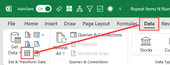 Click on the From Table Range icon