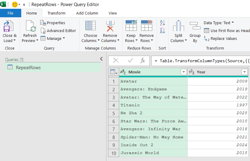 Data opens in Power Query