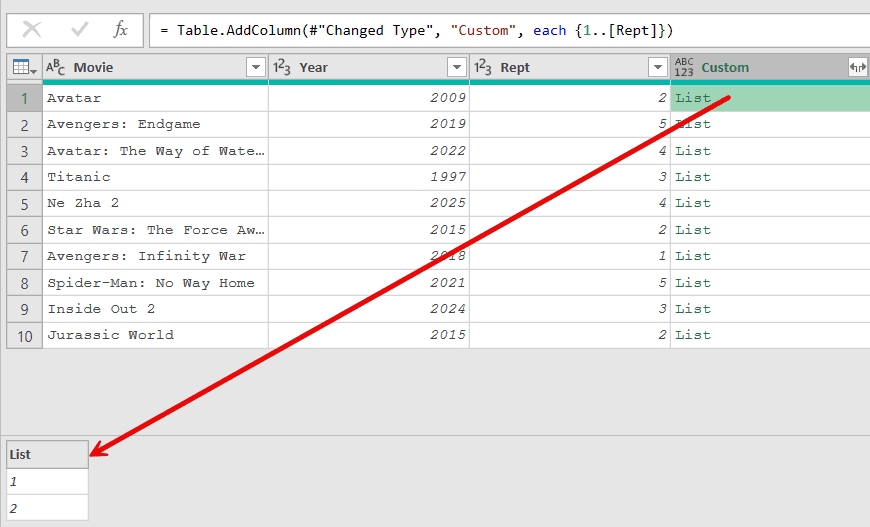 List with values in first cell