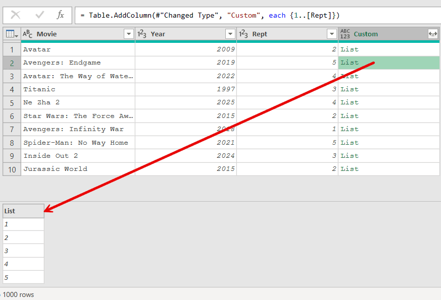 List with values in second cell