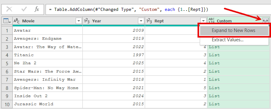 Select the Expand to new rows option
