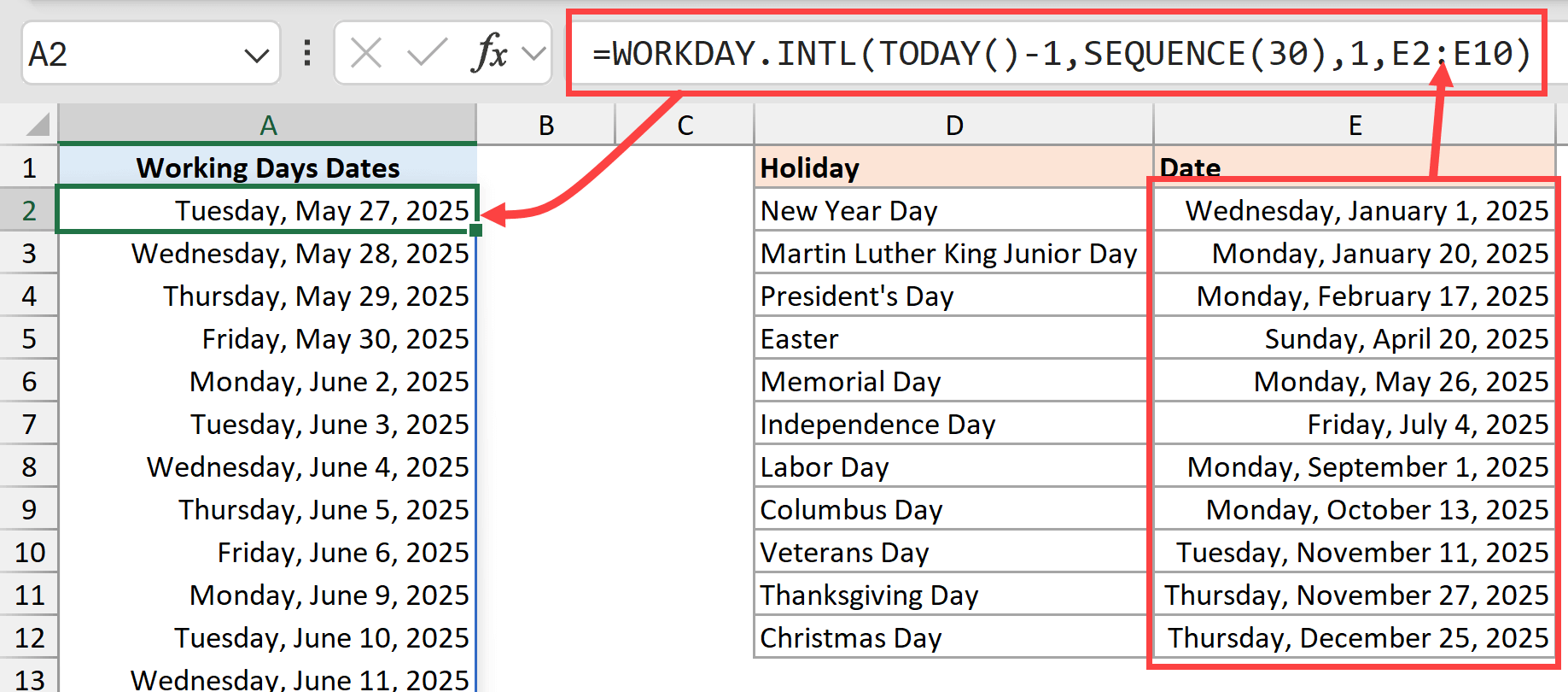 Get a list of working days without holidays