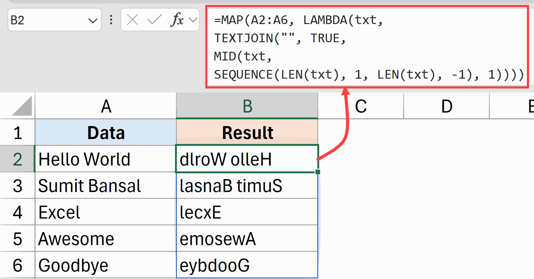 Map formula to reverse text string in Excel