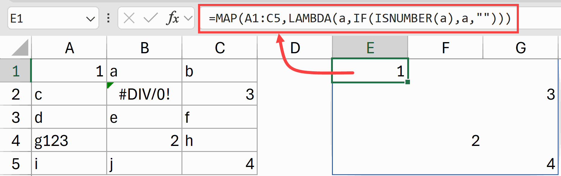 Map function to return only numbers