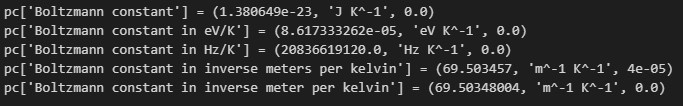 printout of the different boltzmann constants units in scipy 1.10.0