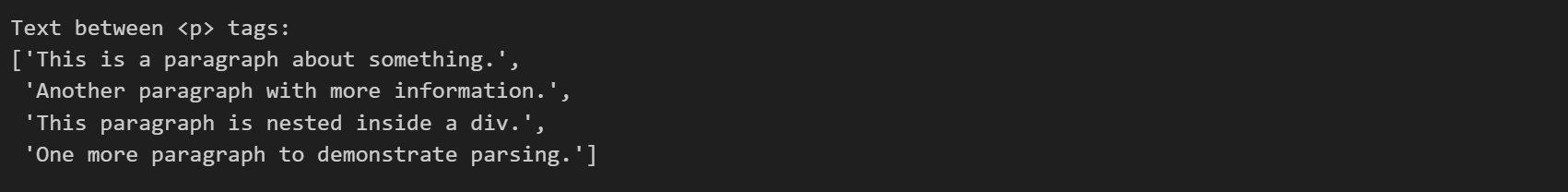 output for finding the content between all p tags, <p> and </p> in a html document