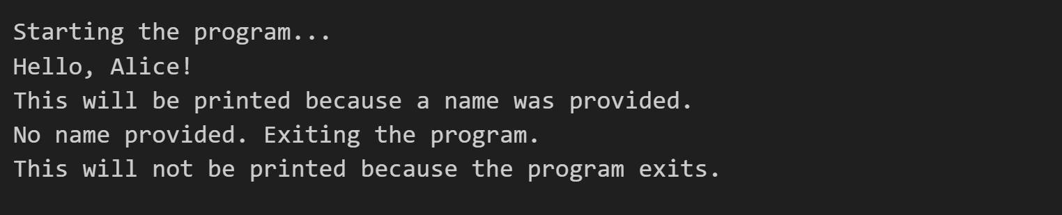 output shows use of function exit() to terminate a python program