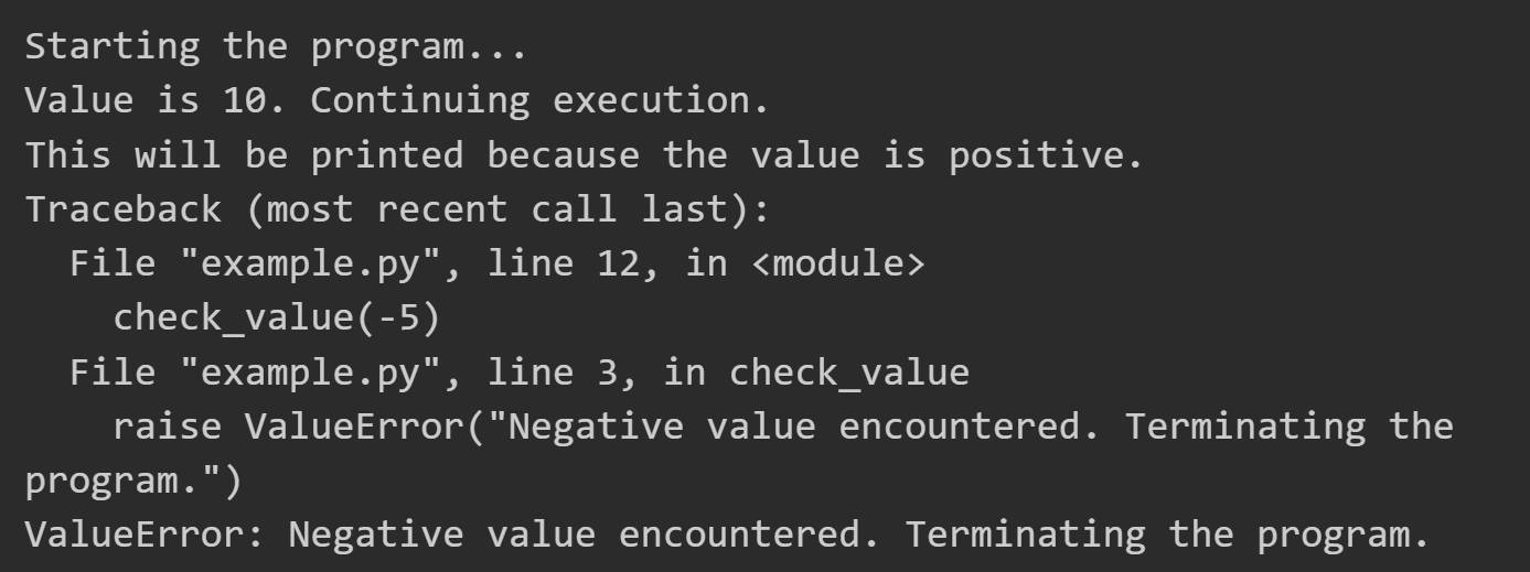 Output of ending a python program using by raising an exception