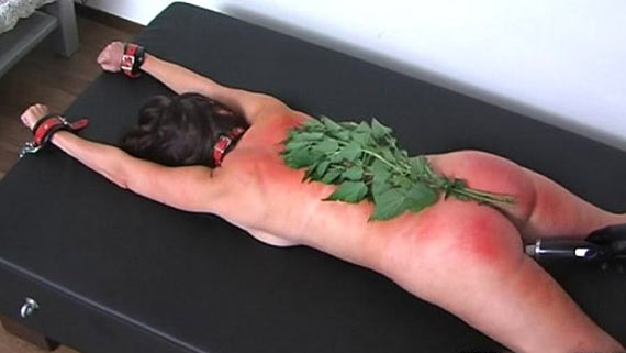 Whipping with nettle of woman masochist