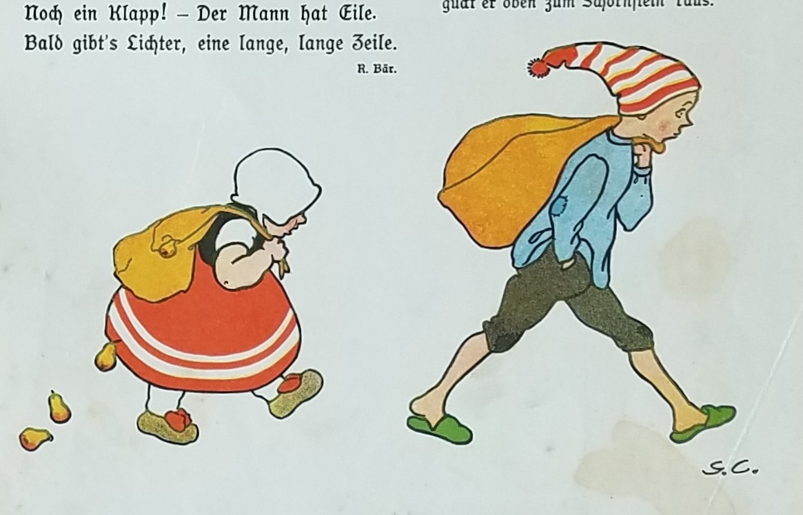 Detail aus "Kinderhumor" mit Illustrationen von Gertrud Caspari: Zwei Kinder tragen Säcke mit Birnen. Unten rechts ist das Monogramm G.C. zu sehen. Ulm, Stadtbibliothek, 47265, 21.