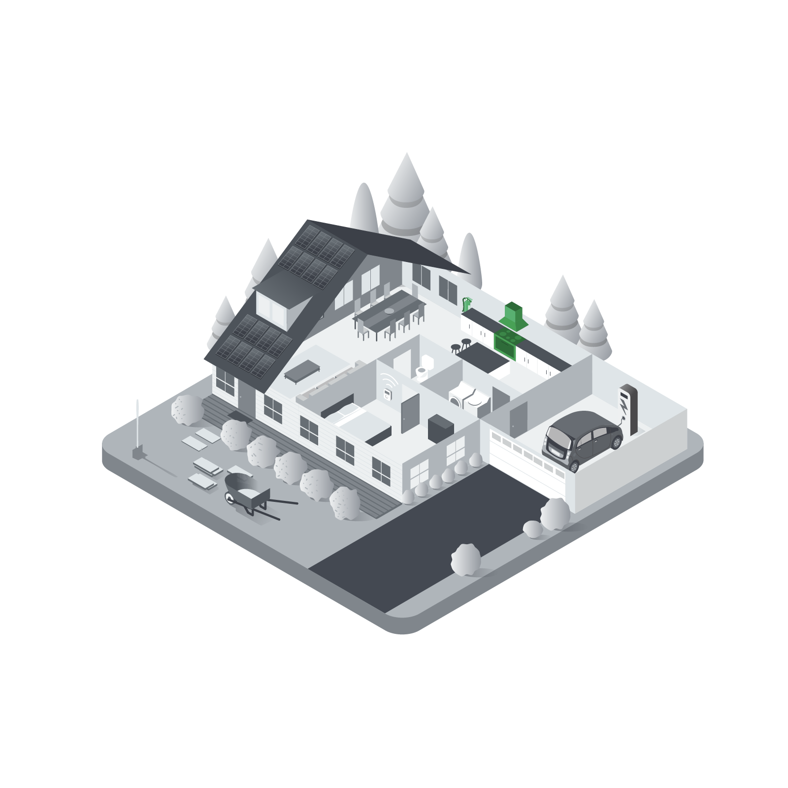 Isometric illustration of a modern house with solar panels, electric car at a charging station, garden, patio furniture, and visible interior rooms, surrounded by trees and a driveway.