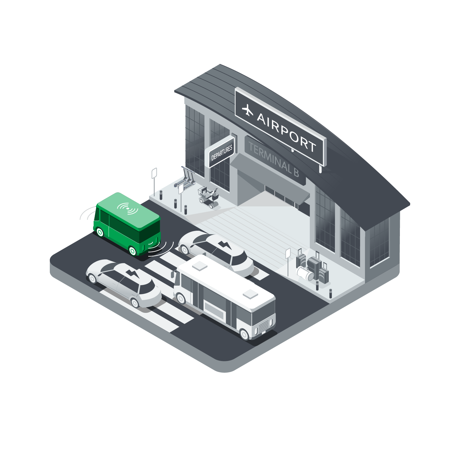 An adult and a young child sit outdoors surrounded by plants, smiling and looking at a tablet device together. The child is touching the screen while the adult watches attentively.
