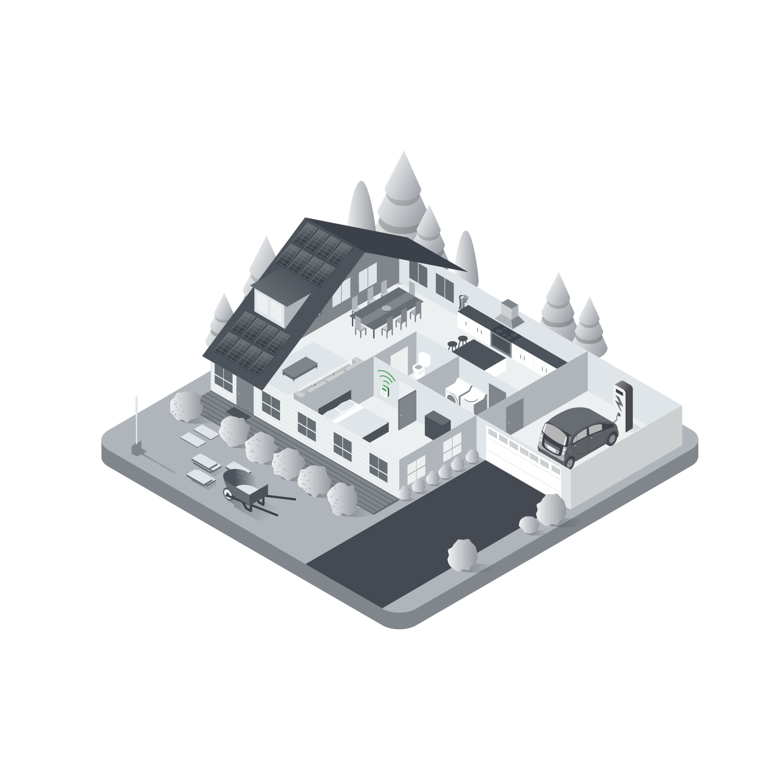A modern house cross-section showing solar panels on the roof, smart electronics inside, an electric car charging outside, and various connected home devices throughout the rooms.