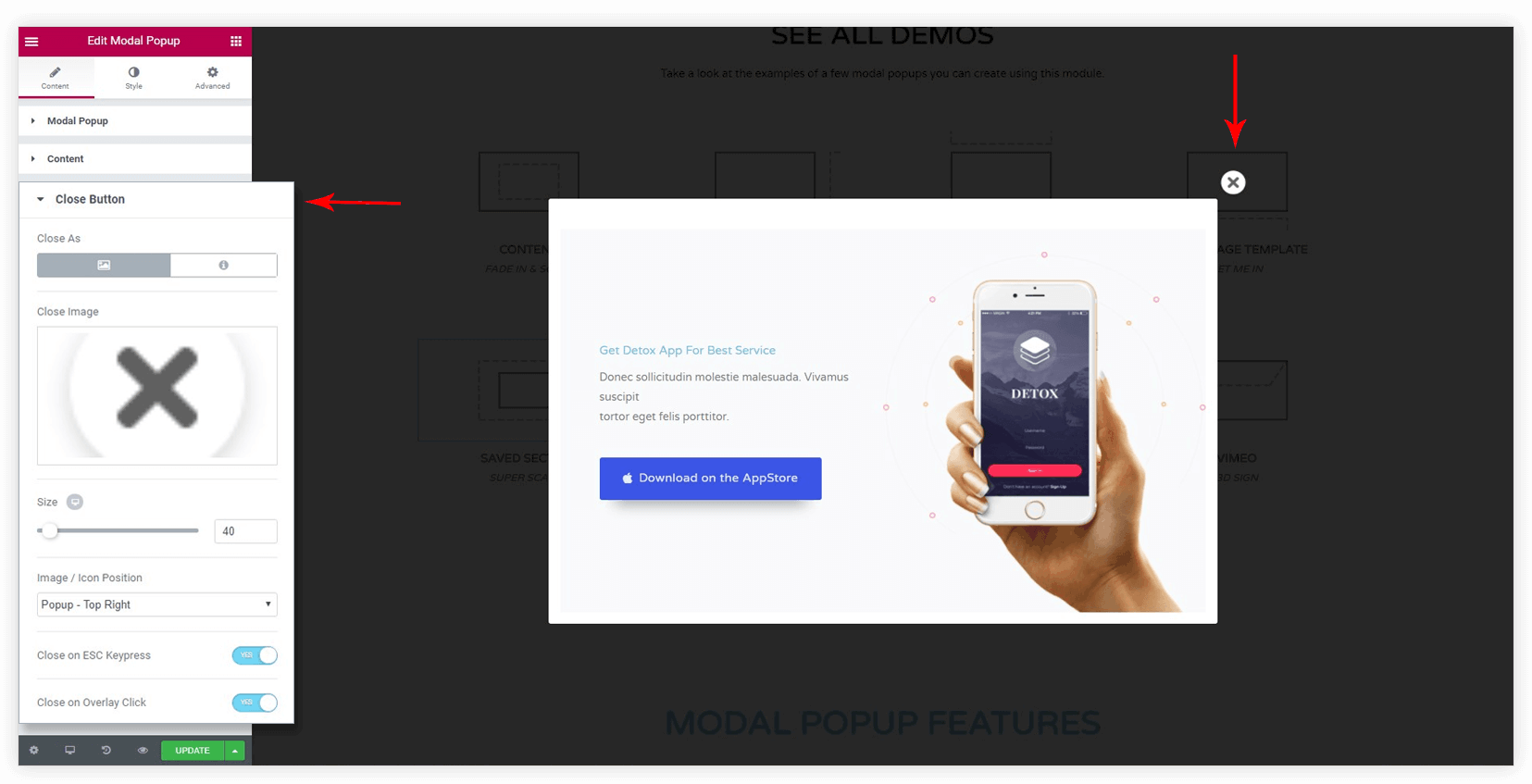 UAE Modal popup close button