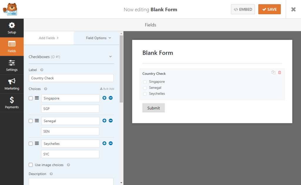 Setting up a country field in WPForms. Make sure you use the 3 letter country code as the value, and not the country name.
