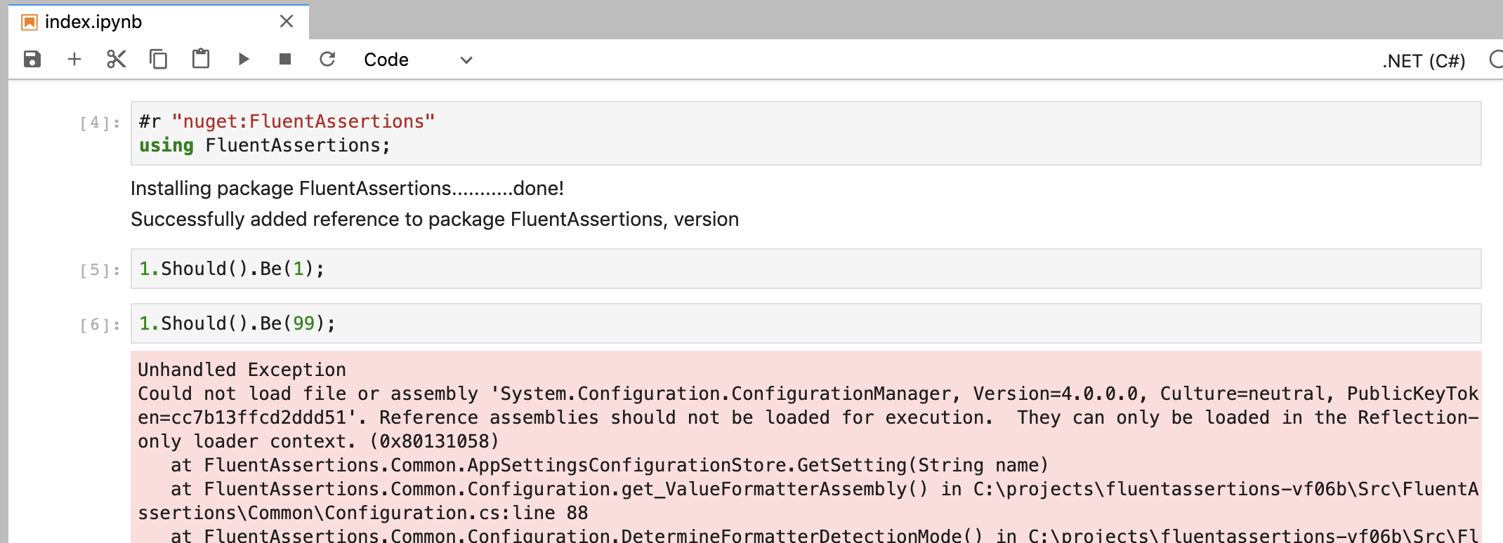 fluentassertions failure in jupyter notebook