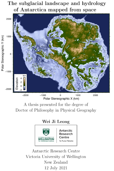 Title coverpage for PhD thesis, with an image showing the subglacial topography of Antarctica
