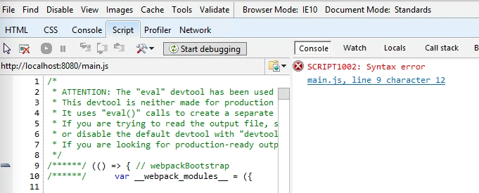 IE console showing syntax error of arrow function