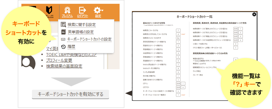 キーボードショートカットを有効に 機能一覧は「?」キーで確認できます